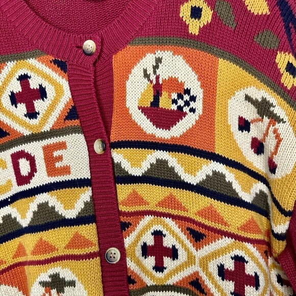 Charter Club Jane Justin Vintage Alphabet Cardigan Sweater Burgundy Size Small - Picture 3 of 5